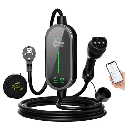 Obrázek produktu pro EV nabíječka, přenosný design, chytré ovládání přes aplikaci, nastavitelný nabíjecí proud, Type 2, 5m kabel s aplikací