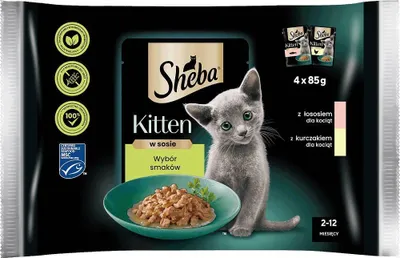 Obrázok produktu pre Sheba Kitten in Sauce with salmon and chicken, kompletné vlhké krmivo pre mačiatka, 20 vreciek po 85 g (5 x 4 x 85 g)