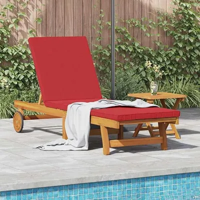 Image de Ensemble de deux chaises longues de jardin en bois d'acacia massif, couleur marron, avec dossier réglable et repose-pieds, comprenant des coussins, résistantes aux intempéries, idéales pour la terrasse, le balcon, la piscine, la plage, le camping et la détente