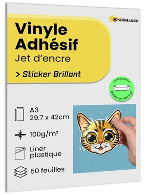Selbstklebendes Vinyl A3, 50 Blatt, glänzend, bedruckbar, weiß