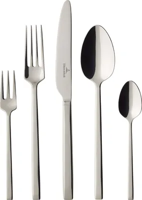 A set of silverware, including forks, a knife, and spoons, arranged on a white background.