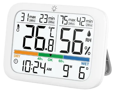 Produktbild von Hygrometer Innen Thermometer Digital Thermo-Hygrometer Temperatur und Luftfeuchtigkeitmessgeraet Raumklima-Indikator mit Kalibrierung beruehrbare Nachtlicht,Komfortanzeige MAX/MIN-Datensaetze, Weiss