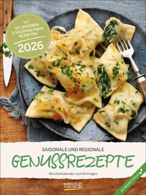 A close-up of a plate of ravioli with onions and chives, with text overlays indicating it's a recipe book for 2026.