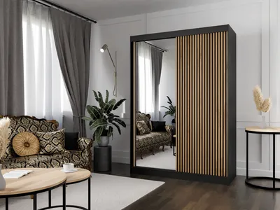 Produktbild von Kleiderschrank Lili mit Lamellen 150 cm inklusive 2 Schiebetüren Schwebetürenschrank Kleiderstange Garderobe Schrank Lieferung bis in die Wohnung (Farbe: schwarz, schwarz, Lamelle wotan, Spiegel)