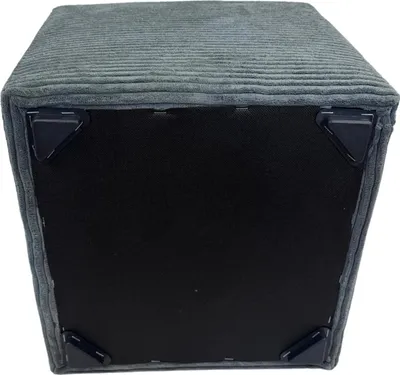 The underside of a gray corduroy ottoman with black corner protectors.