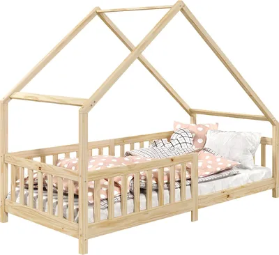 Produktbild von Hausbett CORA 90x200 cm, Natur - Kinderbett mit Rausfallschutz aus Massivholz, Montessori Bodenbett, Holzbett für Jungen und Mädchen