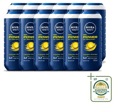 Immagine prodotto di 12 confezioni di gel doccia 3-in-1 NIVEA MEN Power Refresh, 250 ml ciascuna - confezione risparmio - 12 pezzi