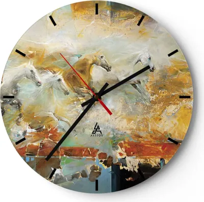 Produktbild von Wanduhr - Rund - Glasuhr - Pferde Galopp Modern - 40x40cm - Schleichendes Uhrwerk - Lautlos - zum Aufhängen bereit - Dekoration Modern - Wanddekoration aus Glas - C3AR40x40-4506