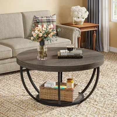 Immagine prodotto di Tavolino rotondo - Tavolino da salotto a due ripiani - Ø 80 cm - Altezza 44 cm - Piano in legno - Struttura in metallo - Stile industriale - Grigio-nero