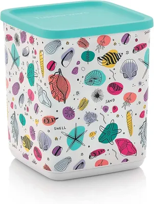 A square Tupperware container with a teal lid, decorated with a colorful pattern of various seashells and starfish.