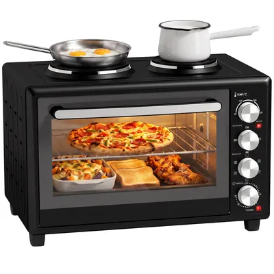 Produktbild von Miniofen mit 2 Kochplatten und Drehspieß 46L 1800W, Umluft Tischofen Mini-Backofen mit Doppelverglasung, Timer & Innenbeleuchtung, Schwarz