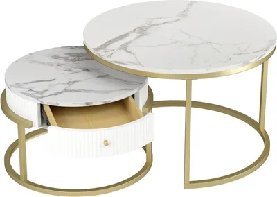 Immagine prodotto di Set di tavolini rotondi con vano portaoggetti in marmo bianco oro Tavolo da soggiorno a 2 posti moderno