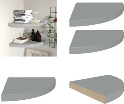Productafbeelding van vidaXL Hoekplanken, 2 stuks, grijs, 35x35x3,8 cm, MDF - Wandplank - Wandplanken - Zwevende wandplank - Wandplank, zwevend