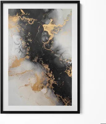 Produktbild von Schwarz-weiß abstrakt mit Gold– Wandbild mit Rahmen – Gerahmtes Bild  – Wanddekoration – 70x100 cm –  Schwarz Rahmen