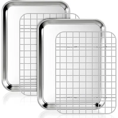 Produktbild von Backblech mit Abkühlgitter, 2 Edelstahl Backbleche und 2 Kühlgitter für Ofen, 23,5 x 17,5 x 2,5 cm Rechteckig Ofenblech zu Backen/Servieren
