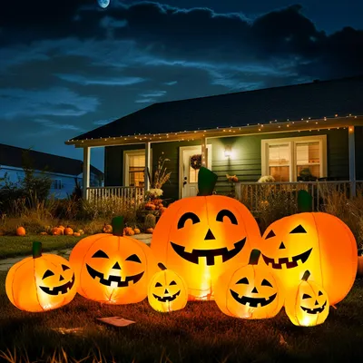 Productafbeelding van Halloween opblaasbare pompoendecoratie - 240 cm - 7 pompoenset met 21 ledverlichting voor feest - Tuin - Gazon