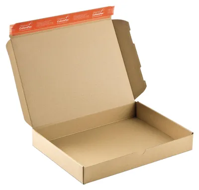 An open cardboard box with an orange sealing strip.
