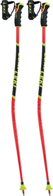 A pair of red and black ski poles with yellow accents.