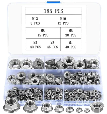 Productafbeelding van Flensmoeren set, 185 stuks, roestvrij staal, M3-M12, met borggleuf
