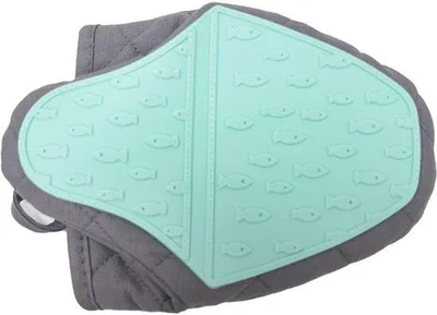 Produktbild von Unyqoos® Silikon-Ofenhandschuhe in Fischform, gefüttert – hitzebeständig bis 230 °C, mikrowellen- & ofenfest, rutschfest, lebensmittelsicher