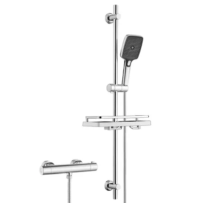 Produktbild von JOHO Edelstahl Duschsystem mit Duscharmatur, Brausestange Set mit Thermostat, Handbrause, Schlauch, Duschstange 100 cm mit Duschablage, Chrom