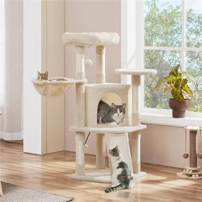 A multi-level cat tree with several cats interacting with it, placed near a window with a plant.