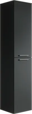 A tall, narrow black cabinet with two doors and silver handles, shown against a white background.
