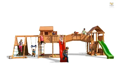 Produktbild von Fungoo Spielturm "Maxi Set Spider Land My Space XL Fortress Toybox Rainbow Spider+" teak mit 2x Rutschen, 2x Spieltürmen, Verbindungsbrücke, Schaukel, Leiter, Trapez, Kletterseil und Kletterwände