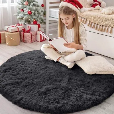Produktbild von Famanu Hochflor Teppich Antirutsch Waschbar 120 cm Schwarz für Schlafzimmer und Kinderzimmer