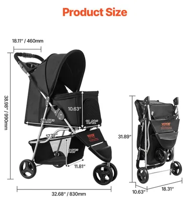 Obrázok produktu pre VEVOR kočík pre psov, nosnosť 16 kg, skladací kočík pre domáce zvieratá, kočík pre mačky s 3 kolieskami, sieťovanými oknami a držiakmi na poháre, kočík pre psov s brzdou, pre malé až stredne veľké domáce zvieratá