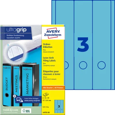 Produktbild von Avery Zweckform L4753-20, Ordner-Etiketten, A4, Qualitätsdruck mit: ultragrip, 61 x 297 mm, 60 Etiketten / 20 Bögen, blau