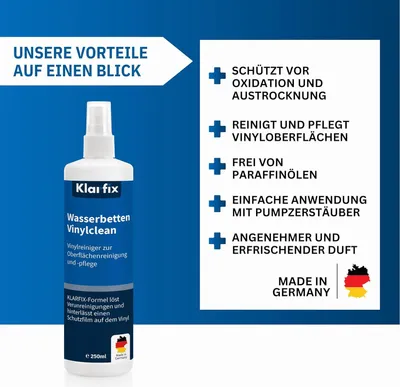 Produktbild von Vinylreiniger für Wasserbetten Vinylclean | Reiniger für Vinyloberflächen | Schützt vor Oxidation, Austrocknung und Verhärtung | Einfache Anwendung mit Pumpzerstäuber (1x 250ml)