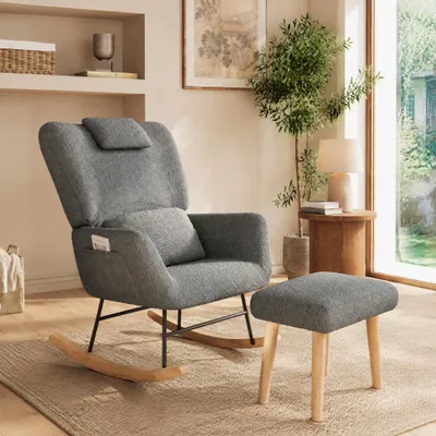 Produktbild von INONEFT Schaukelstuhl mit Hocker, Relaxsessel mit Lendenkissen, Kopfstütze, Seitentaschen und Massivholzsockel, Schaukelsessel, Grau Plüschstoff