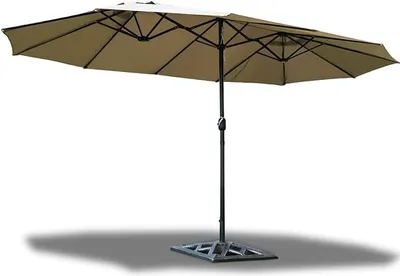 A large, double patio umbrella with a beige canopy and black pole and base, set against a white background.