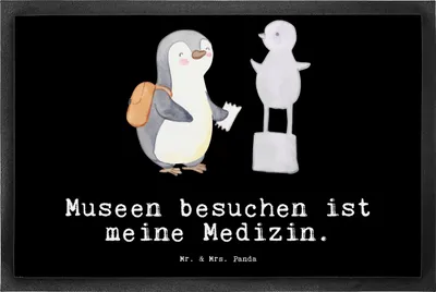 Produktbild von Mr. & Mrs. Panda fußmatte Pinguin Museum besuchen 50 x 75 cm - Schwarz - Geschenk, Museen, Schmutzfangmatte, Fußabtreter, Bodenvorleger, Schmutzmatte, Fußabstreifer