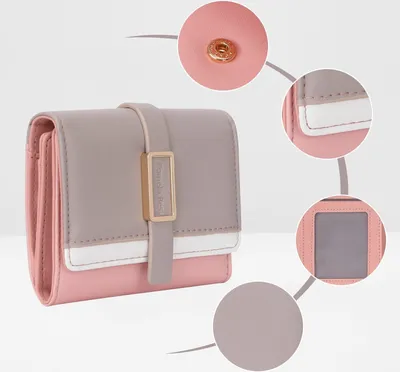 Produktbild von OKWISH Geldbeutel Damen aus glattem und weichem Kunstleder Geldbörse Portemonnaie Damen mit Druckknopf und Reißverschluss und viele Fächer Rosa