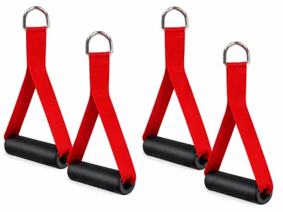 Produktbild von Einhandgriffe für Widerstandsbänder 4er Set – Trainingsgriffe mit Schaumstoffgriff & Edelstahl D-Ring – Kabelzug Griffe für Fitnessbänder, Expander, Krafttraining, Pilates, Yoga & Home Gym