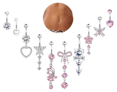 Image de 10 piercings pour nombril – en acier chirurgical, ornés de papillons et de serpents en cristal