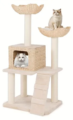 Produktbild von Kratzbaum - Katzenbaum - Kratzmöbel - Katzenkorb - Kratztonne - Natürliches Holz - 122 cm hoch