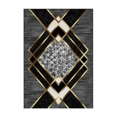 Produktbild von Geometrischer Teppich in Schwarz und Goldoptik mit grafischem Linienmuster – 160x230 cm, rutschhemmend, Polyester-Samt, waschbar