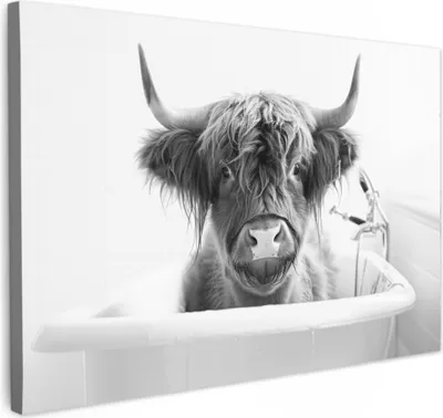 Produktbild von MuchoWow® - Leinwandbilder - Schottischer Highlander - Kuh - Bad - Schwarz und weiß, Wandbild, Wanddeko Bilder Wohnzimmer, 90x60 cm