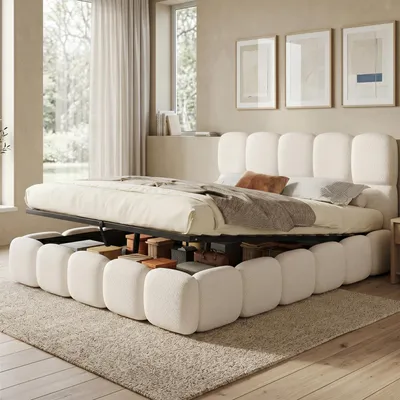 Immagine prodotto di Letto imbottito idraulico Flieks 160x200 cm con contenitore, letto matrimoniale a contenitore con rete a doghe, letto per ragazzi in legno con testiera, bouclé, bianco