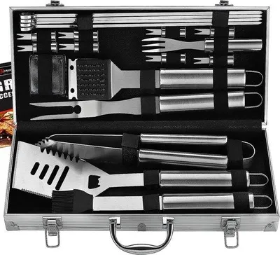 Immagine prodotto di Set di utensili per barbecue in acciaio inossidabile Unyqoos® con custodia in alluminio – 4 in 1: spatola, coltello, pinza, forchetta per barbecue, pennello in silicone, spazzola per la pulizia, 4 spiedini, 8 portacorn