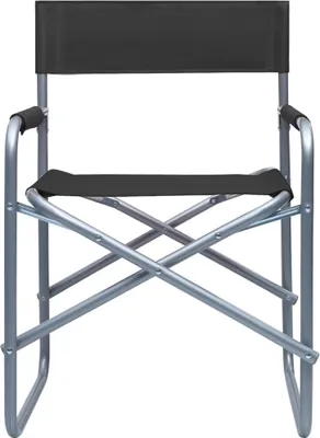 A black and gray folding chair is shown against a white background.