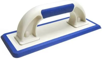 A white and blue rubber trowel with a white handle and blue trim, shown against a white background.