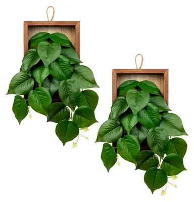 Produktbild von 2 Stück Hängende Künstliche Pflanze, Jade Pothos mit Holzrahmen, Kunstpflanze für Zimmerdeko, Fake Grünpflanze für Heimdekoration, Wohnzimmer, Wandbehang