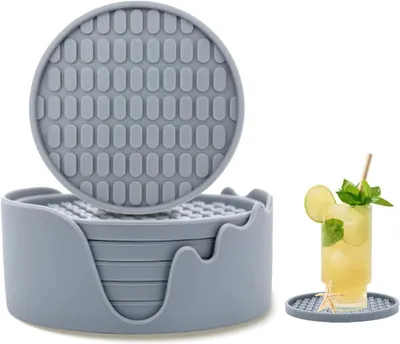 Productafbeelding van Siliconen onderzetters met houder - Ronde onderzetters - Hittebestendig - Antislip - Patroon - Dikke bekermat voor koffie - Dranken - 6 stuks