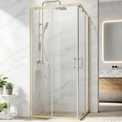 Produktbild von Duschkabine Eckeinstieg 80x90cm, Doppelte Schiebetüren, Komplette Duschkabine mit Schiebetür aus 5 mm Sicherheitsglas (ESG) Höhe: 195cm Gebürstetes Gold Rahmen Vollrahmen, stabil