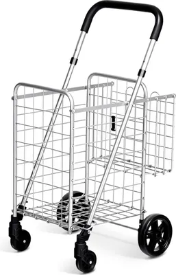 A silver and black shopping trolley with four wheels and a black handle, shown against a white background.