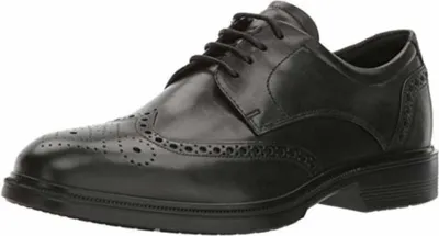 A single black leather shoe on a white background.
